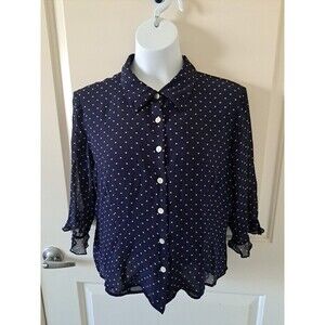 Cynthia Howie for Maggy Boutique Blouse Sz 14 Navy Blue White 100% Silk Blouse